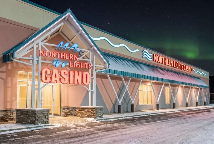 Northern Lights Casino entrance on a snowy night