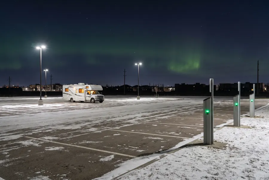 Motorhome in a snowy parking lot by charging posts